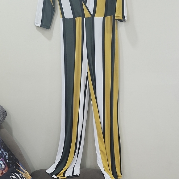 Capella Green and Yellow Striped Jumpsuit with Wide-Leg Silhouette - Picture 4 of 13